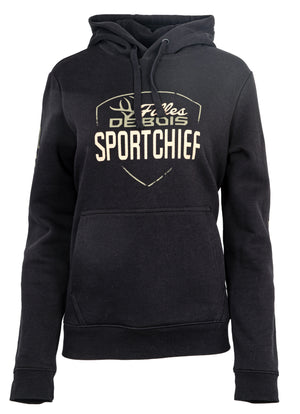 Chandail avec capuchon de chasse femme Filles de bois Sportchief noir 300 g/m² avec capuchon ajustable et motif chevreuil, chaleur et confort en plein air. XS-2XL