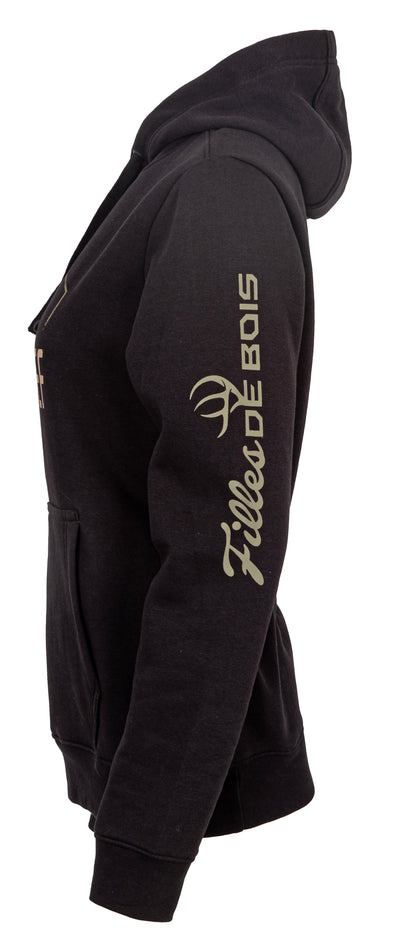 Chandail avec capuchon de chasse femme Filles de bois Sportchief noir 300 g/m² avec capuchon ajustable et motif chevreuil, chaleur et confort en plein air. XS-2XL