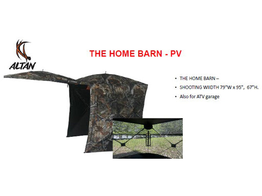 Abri de chasse Altan Home Barn PV. Camouflage discret, grande zone de tir 79″ x 95″ x 67″. Aussi utilisable comme garage pour VTT.