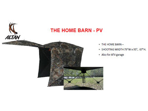 Abri de chasse Altan Home Barn PV. Camouflage discret, grande zone de tir 79″ x 95″ x 67″. Aussi utilisable comme garage pour VTT.