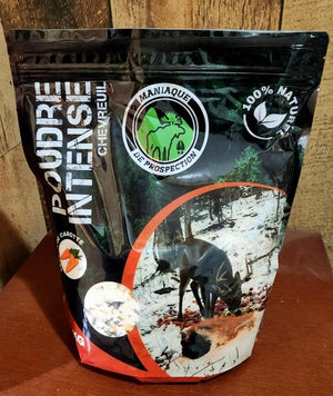 Poudre intense chevreuil 100 % naturelle, saveurs carotte. Appât québécois performant pour la chasse d’automne.