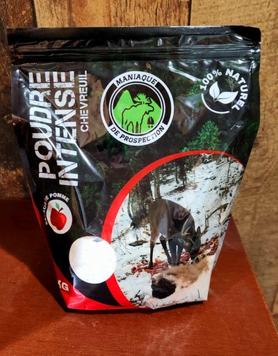 Poudre intense chevreuil 100 % naturelle, saveurs pomme. Appât québécois performant pour la chasse d’automne.