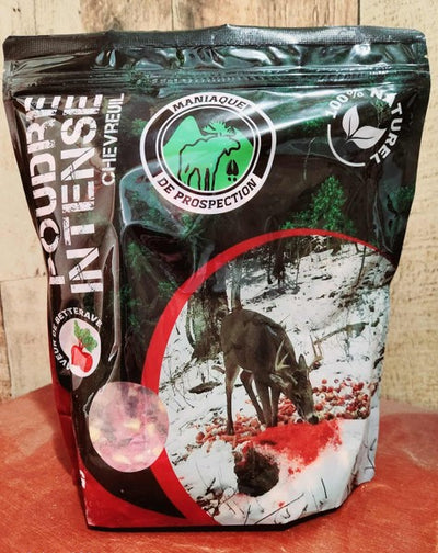 Poudre intense chevreuil 100 % naturelle, saveurs betterave. Appât québécois performant pour la chasse d’automne.