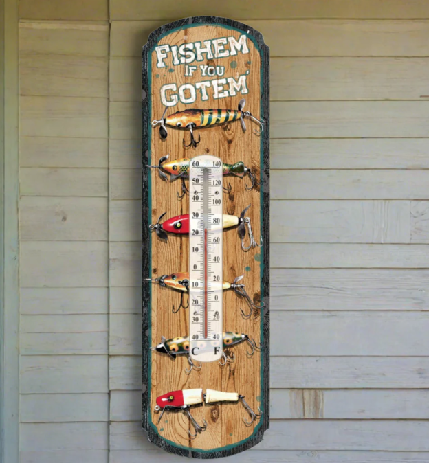 Pewter thermometer with fishing motif - River's Edge