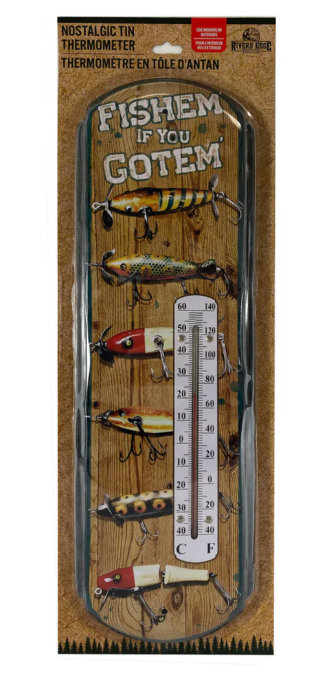 Pewter thermometer with fishing motif - River's Edge