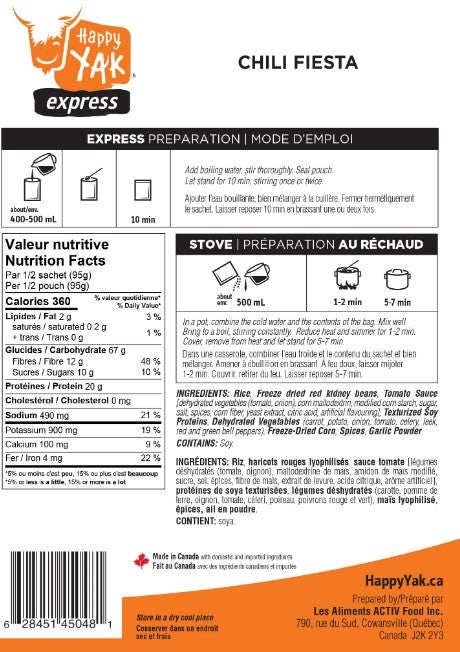 Dehydrated Meals - Vegetarian Chili Fiesta - Happy Yak