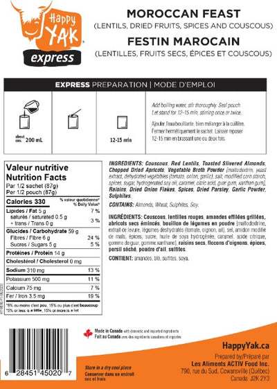 Repas déshydratés - Festin marocain- Happy Yak