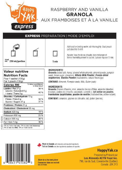 Repas déshydratés - Granola framboise vanille- Happy Yak