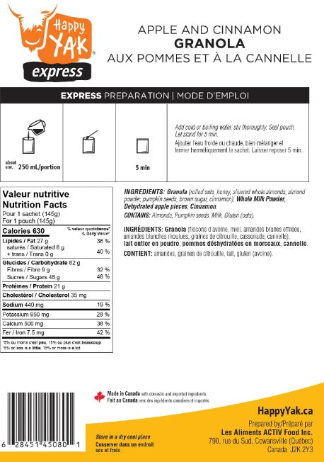 Dehydrated meals - Apple cinnamon granola - Happy Yak