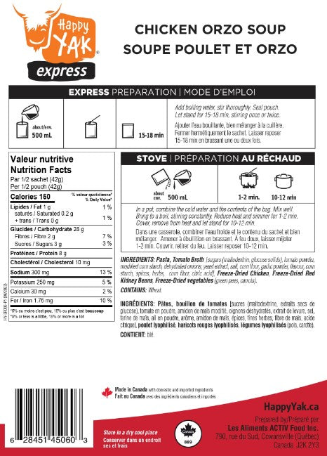 Dehydrated meals - Chicken and orzo soup - Happy Yak